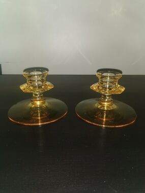 Pair Of Fostoria Fairfax Yellow Depression Glass Candlestick Holders 3.25"‎